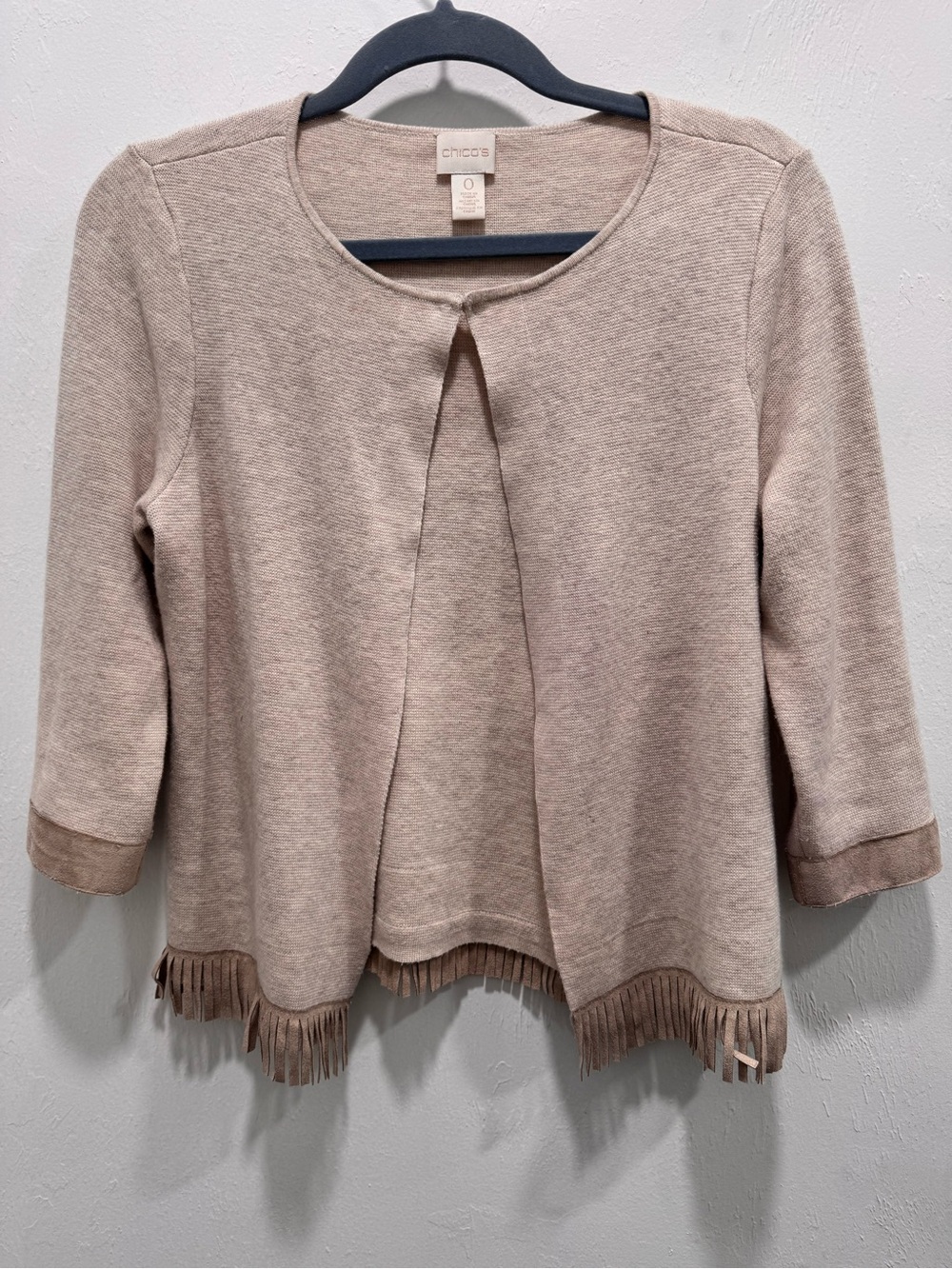 Chico's Taupe Fringe Open-Front Cardigan